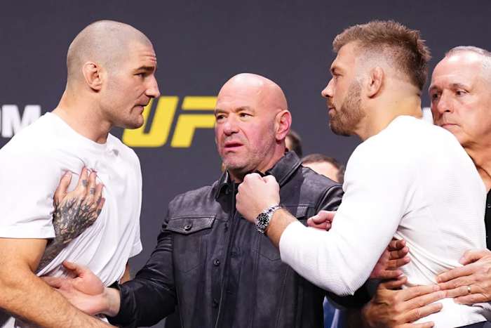 UFC middleweight champion Sean Strickland and Dricus Du Plessis get heated during a press conference.